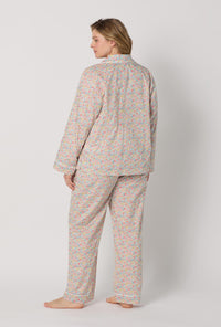 A lady wearing plus size Multi-Color Long Sleeve Classic Woven Tana Lawn® Pj Set Made With Liberty Fabric back view