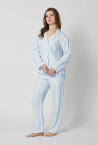 A lady wearing Baby's Breath Blue Long Sleeve Classic Woven Linen Pj Set side view
