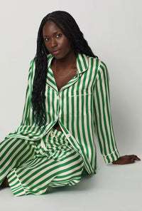 A closeup of A lady wearing Green and White Long Sleeve Classic Washable Silk Pj Set