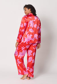 A lady wearing plus size Red Long Sleeve Classic Washable Silk Pj Set back view