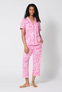A Lady Wearing Valentina Leopard Short Sleeve Classic Stretch Jersey Cropped Pj Set