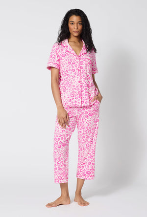 A Lady Wearing Valentina Leopard Short Sleeve Classic Stretch Jersey Cropped Pj Set
