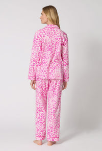 A Lady Wearing Valentina Leopard Long Sleeve Classic Stretch Jersey Pj Set in a back view pose