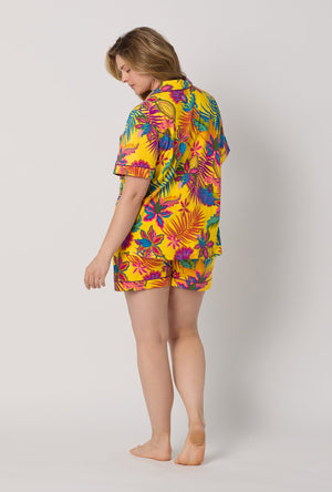A lady wearing plus size Yellow Short Sleeve Classic Shorty Stretch Jersey Pj Set back view