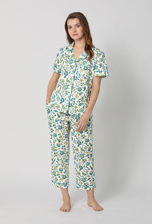 A lady wearing White Short Sleeve Classic Woven Tana Lawn® Cropped Pj Set Made With Liberty Fabric front view