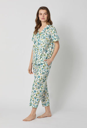 A lady wearing White Short Sleeve Classic Woven Tana Lawn® Cropped Pj Set Made With Liberty Fabric side view