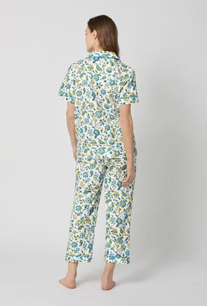 A lady wearing White Short Sleeve Classic Woven Tana Lawn® Cropped Pj Set Made With Liberty Fabric back view