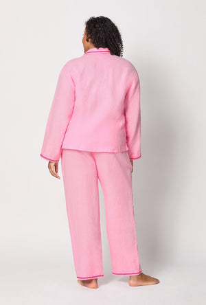 A lady wearing plus size Pink Long Sleeve Classic Woven Linen Pj Set back view