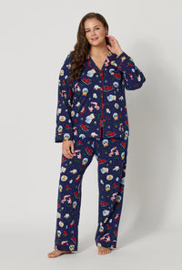 A lady wearing plus size Nordic Nights Long Sleeve Classic Stretch Jersey Pj Set looking front