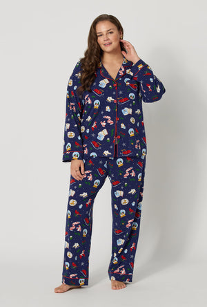 A lady wearing plus size Nordic Nights Long Sleeve Classic Stretch Jersey Pj Set looking front