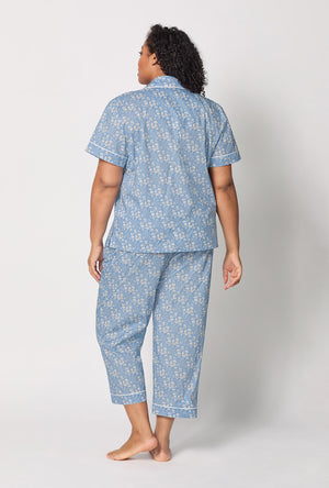 A lady wearing plus size Blue Short Sleeve Classic Woven Tana Lawn® Cropped Pj Set Made With Liberty Fabric back view