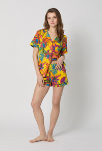 A lady wearing Yellow Short Sleeve Classic Shorty Stretch Jersey Pj Set front view