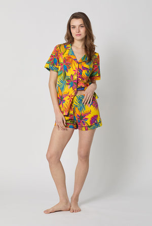 A lady wearing Yellow Short Sleeve Classic Shorty Stretch Jersey Pj Set front view