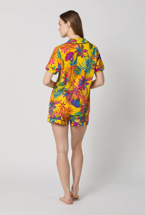 A lady wearing Yellow Short Sleeve Classic Shorty Stretch Jersey Pj Set back view
