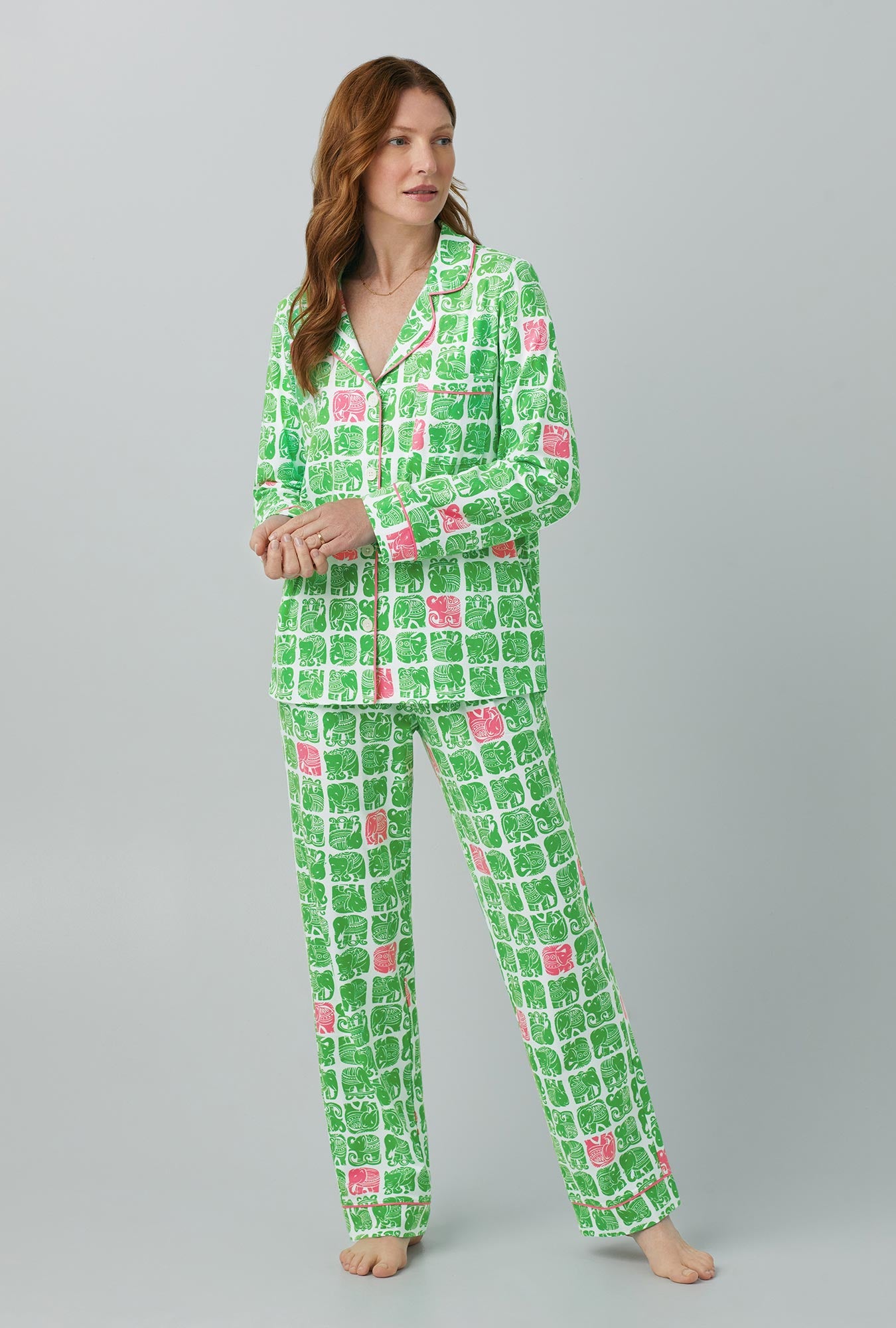 A lady wearing green Long Sleeve Classic Stretch Jersey PJ Set with  Turk Elephants print