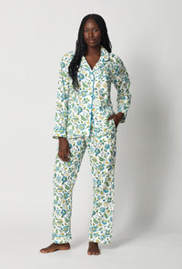 A lady wearing White Long Sleeve Classic Woven Tana Lawn® Pj Set Made With Liberty Fabric front view