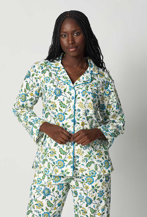 A closeup of A lady wearing White Long Sleeve Classic Woven Tana Lawn® Pj Set Made With Liberty Fabric