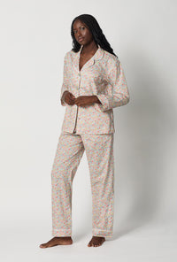 A lady wearing Multi-Color Long Sleeve Classic Woven Tana Lawn® Pj Set Made With Liberty Fabric side view