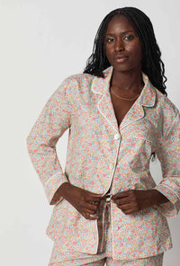 A closeup of A lady wearing Multi-Color Long Sleeve Classic Woven Tana Lawn® Pj Set Made With Liberty Fabric
