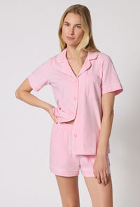 A lady wearing Pink Powder Short Sleeve Classic Shorty Stretch Jersey Pj Set closer look