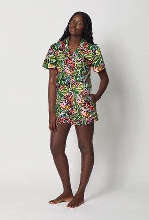 A lady wearing Multi-Color Short Sleeve Classic Woven Cotton Poplin Shorty Pj Set side view