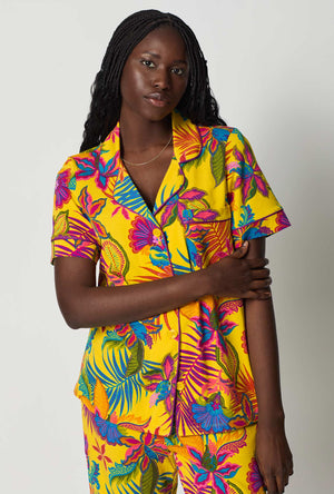 A closeup of A lady wearing Yellow Short Sleeve Classic Stretch Jersey Cropped Pj Set