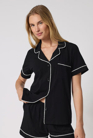 A lady wearing Black Beauty Short Sleeve Classic Shorty Stretch Jersey Pj Set closer look