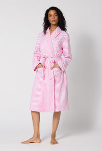 A Lady Wearing Pink Signature Stripe Lined Woven Cotton Sateen Robe