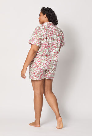 A lady wearing plus size Olivia Short Sleeve Classic Woven Cotton Poplin Shorty Pj Set