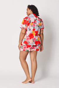 A lady wearing plus size Cassandra Short Sleeve Classic Woven Cotton Poplin Shorty Pj Set