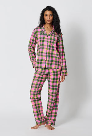 A Lady Wearing BedHead x Trina Turk Palm Springs Tartan Long Sleeve Classic Woven Portuguese Flannel Pj Set