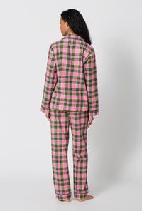A Lady Wearing BedHead x Trina Turk Palm Springs Tartan Long Sleeve Classic Woven Portuguese Flannel Pj Set in a back view pose