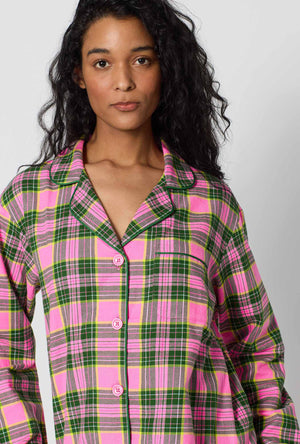 A Lady Wearing BedHead x Trina Turk Palm Springs Tartan Long Sleeve Classic Woven Portuguese Flannel Pj Set in a close up shot