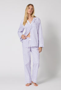 Blue 3D Stripe Long Sleeve Classic Woven Cotton Sateen PJ Set