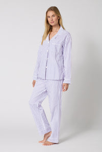 Blue 3D Stripe Long Sleeve Classic Woven Cotton Sateen PJ Set