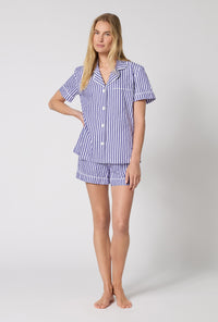 Navy 3D Stripe Short Sleeve Classic Woven Cotton Sateen Shorty PJ Set