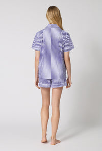 Navy 3D Stripe Short Sleeve Classic Woven Cotton Sateen Shorty PJ Set