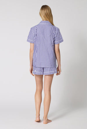 Navy 3D Stripe Short Sleeve Classic Woven Cotton Sateen Shorty PJ Set