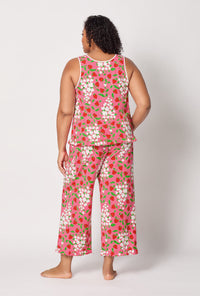 A lady wearing plus size Spring Berry Ruffle Tank Stretch Jersey Cropped Pj Set