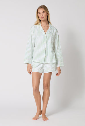 Mint 3D Stripe Long Sleeve Classic Woven Cotton Sateen Shorty PJ Set