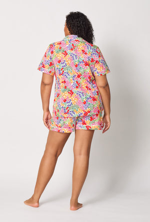 A lady wearing plus size Spring Fields Short Sleeve Classic Shorty Stretch Jersey Pj Set
