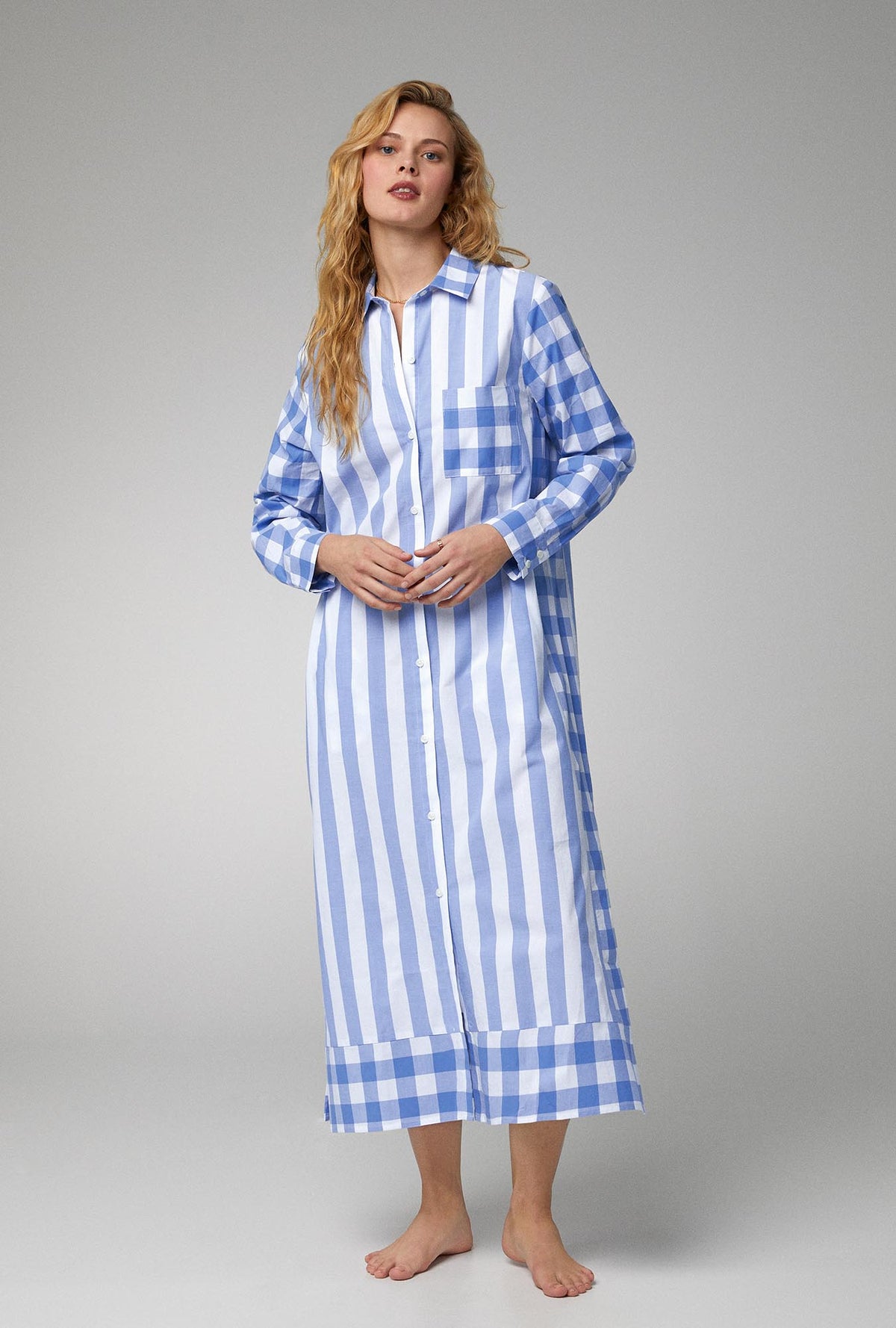 A lady wearing maxi collared cotton poplin sleepshirt with bengal stripe print