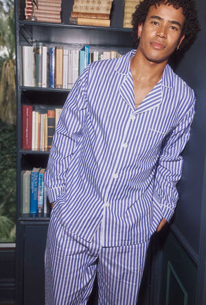 Navy 3D Stripe Men's Long Sleeve Notch Woven Cotton Sateen Long PJ Set