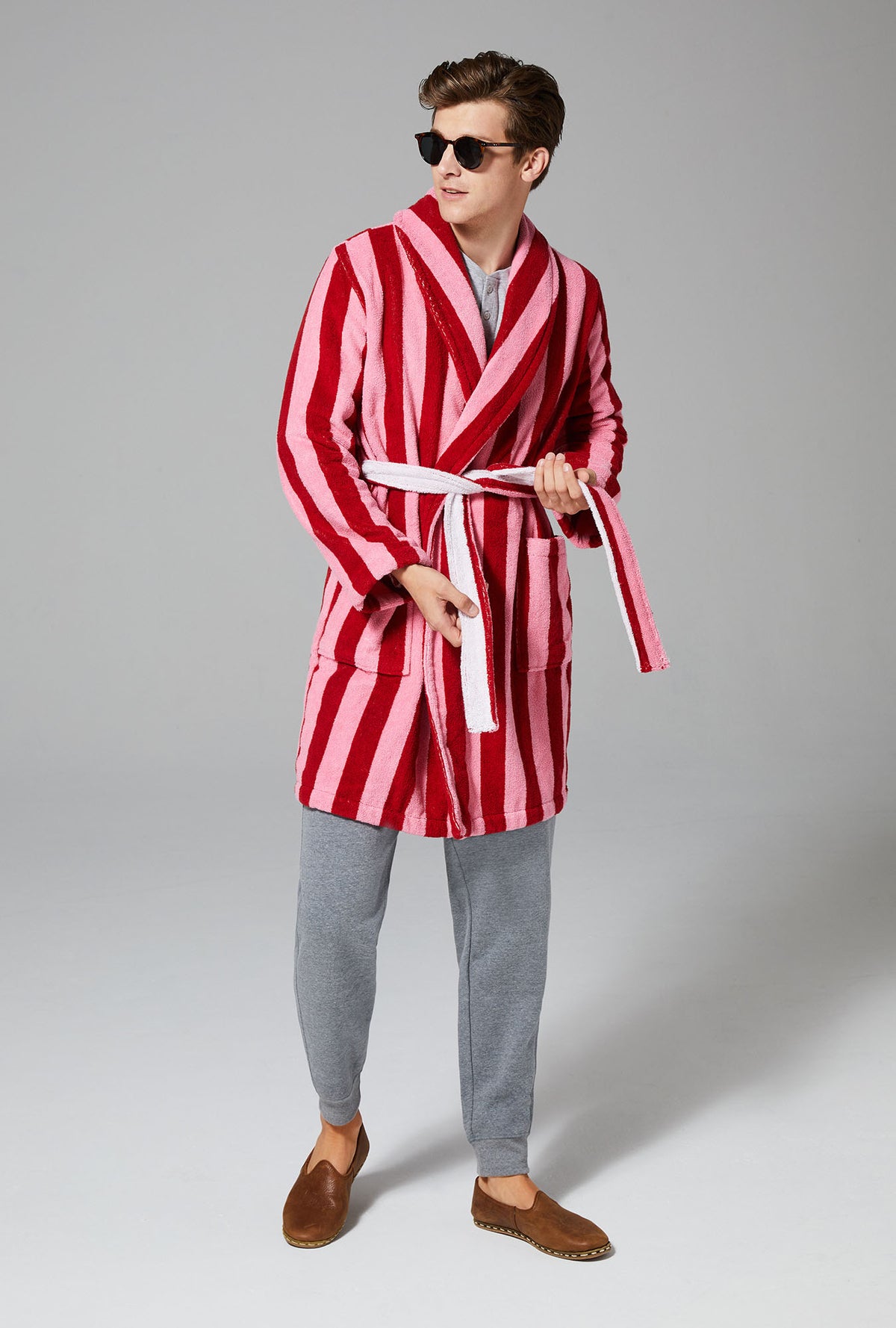 Cottage Stripe Unisex Short Woven Cotton Loop Turkish Terry Jacquard Robe