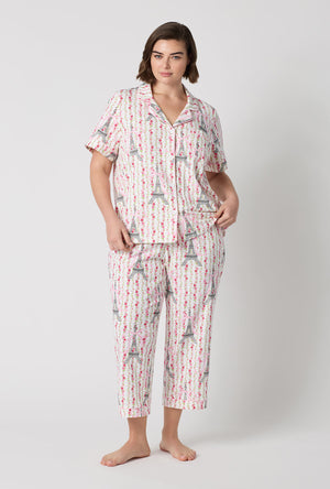 A Lady Wearing Plus Size Fleur De La Tour Short Sleeve Classic Stretch Jersey Cropped Pj Set