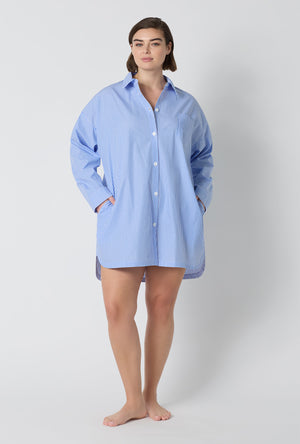 A Lady Wearing Plus Size French Stripe High Low Woven Supersoft Cotton Poplin Boyfriend Shirt