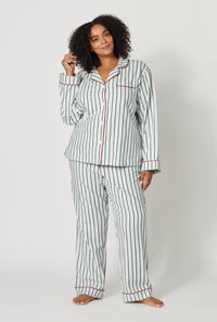 A lady wearing plus size Peppermint Stripe Long Sleeve Classic Woven Portuguese Flannel Pj Set