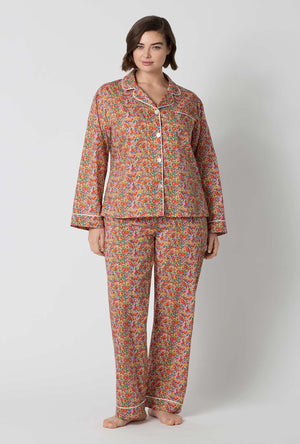 A Lady Wearing Plus Size Nell, Annie, & May Long Sleeve Classic Woven Tana Lawn® Pj Set Made With Liberty Fabrics