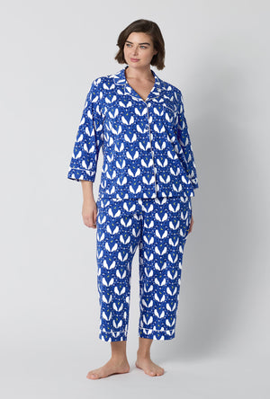A lady wearing plus size Owl Be Back 3/4 Sleeve Classic Stretch Jersey Cropped Pj Set