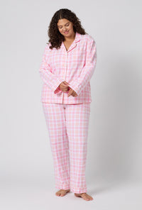 A lady wearing plus size Prairie Plaid Long Sleeve Classic Woven Portuguese Flannel Pj Set